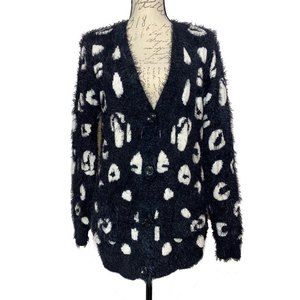 Very Soft Forever 21 Fuzzy Tunic Knit Cardigan Size L Black White